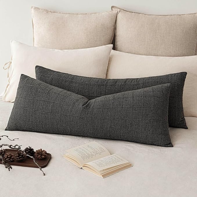 Foindtower Set of 2 Decorative Linen Check Throw Pillow Covers Neutral Long Body Lumbar Cushion Covers Farmhouse Vintage Home Decor For Sofa Chair Couch Bedroom Living Room Outdoor,14×36 Inch,Charcoal