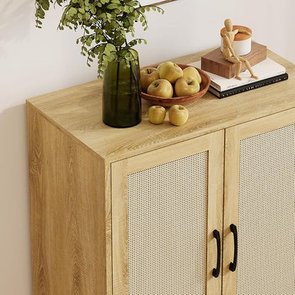 Rattan Decorated Buffet Cabinet - 2 Doors Simple Style Storage Cabinet, Shoe Cabinet with Adjustable Shelves, Sideboard for Kitchen, Living Room, Hallway, Entryway (Natural Wood)