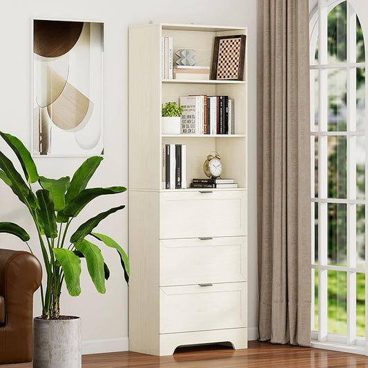 6 Tier Book Shelf with Drawers,White Farmhouse Display Bookshelf with Organizers and Storage,Free Standing Tall Bookshelf with Cabinet for Bedroom,Living Room, Office
