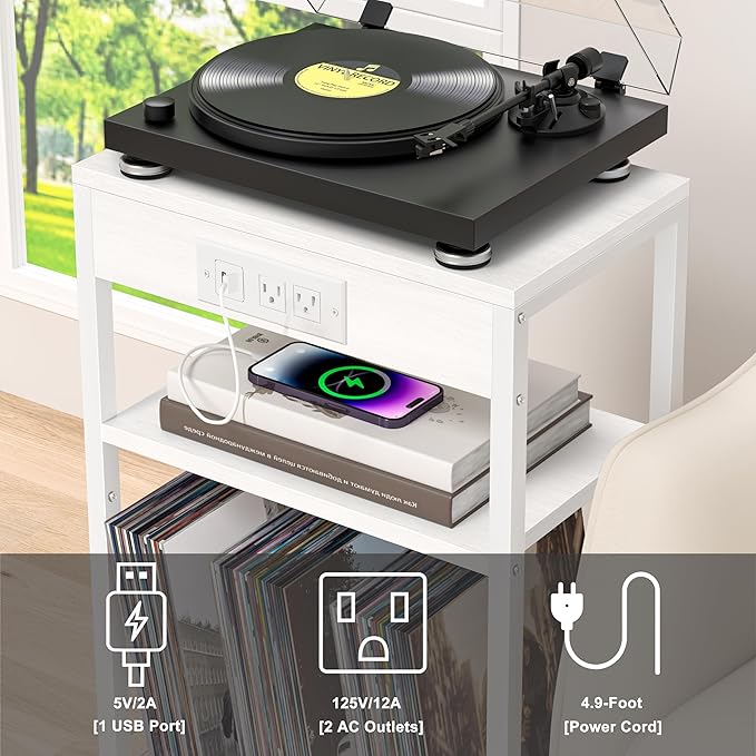 LELELINKY 3 Tier End Table with Charging Station, White Record Player Stand with Storage Up to 100 Albums Brown, Night Stand with USB Port, Nightstand for Small Spaces
