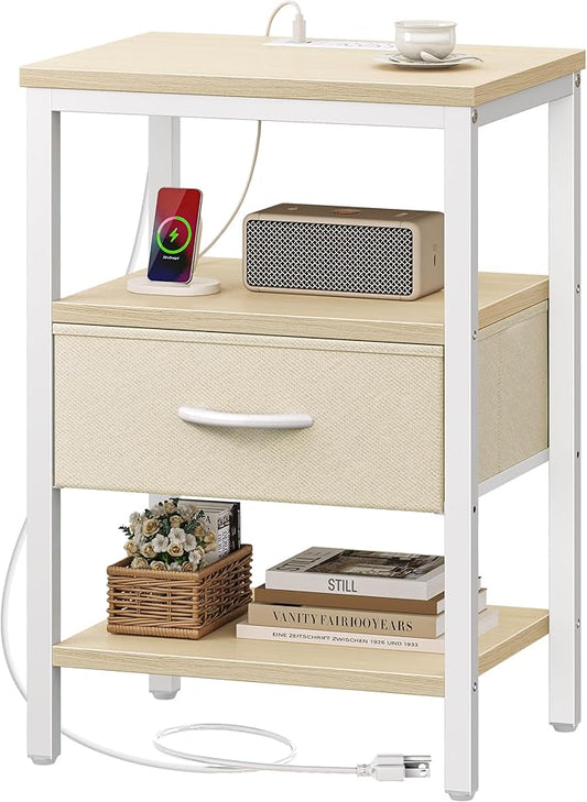 SUPERJARE Nightstand with Charging Station, Bed Side Table with Adjustable Fabric Drawer, Night Stand for Bedroom, 3-Tier Storage End Table, for Living Room, White Maple