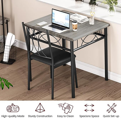 CABIHOME Dining Table Set for 2, 3 Piece Kitchen Table Set with 2 Upholstered Chairs, Square Kitchen Table Set for Small Space, Apartment, Dining Room, Retro Gray