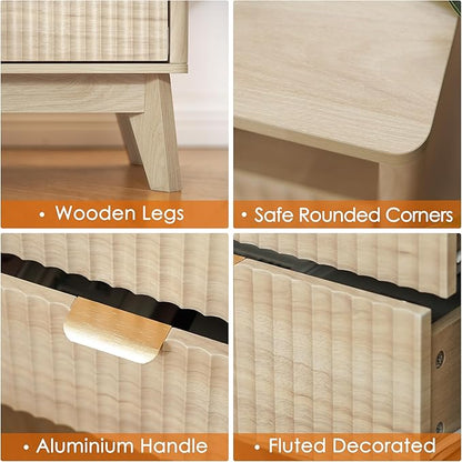 Fluted Nightstand with Charging Station, 19.7 inch Wide End Table with 2 Drawers, Modern Wood Bedside Table for Bedroom(Natural)