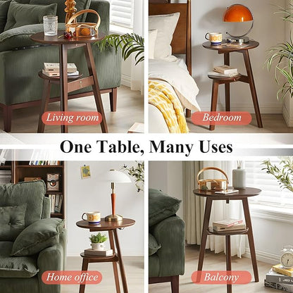 Side Table, 2-Tier Round End Tables Living Room, Mid Century Modern Side Table, Round Nightstand, Oak Accent Table, Small Round Coffee Table, 16.54" Dia.x 23.62" H(Walnut)