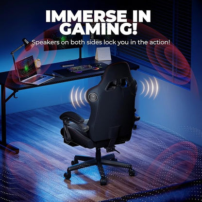 GTPLAYER ACE-PRO Music Gaming Chairs – Built-in Speakers, App Support & Bluetooth Control, Footrest & Pocket, Gamer Chair for Adults, Black & Red Stitch