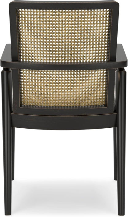 Signature Design by Ashley Galliden Rustic Solid Wood Upholstered Dining Arm Chair with Faux Cane Backrest, Set of 2, Light Brown & Black