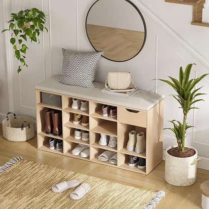 DINZI LVJ Shoe Bench, Entryway Storage Bench with Drawer and 15 Cubbies, Cubby Shoe Rack with Adjustable Shelves, Shoe Organizer Cabinet for Living Room, Bedroom, Mudroom, Closet and Garage, Natural