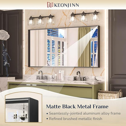 Keonjinn 48 x 24 Inch Black Bathroom Mirrors for Over Sink Bathroom Vanity Mirror for Wall Metal Frame Rectangle Mirror Large Square Corner Matte Black Mirror Full Length Mirror(Horizontal/Vertical)