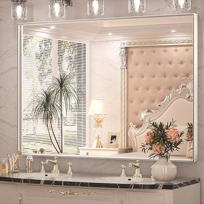 Keonjinn 48 x 36 Inch Silver Bathroom Mirror for Over Sink Large Rectangle Wall Mirror Brushed Metal Framed Square Corner Vanity Mirror Wall Mounted Rectangular Farmhouse Mirror(Horizontal/Vertical)
