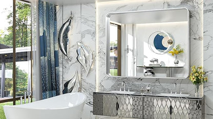 TokeShimi 48x40 Inch Brushed Silver Bathroom Mirror for Wall Metal Rounded Corner Rectangle Mirror Metal Frame Deep Set Design Hangs Horizontal Or Vertical