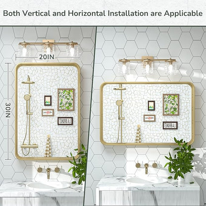 TokeShimi 20 x 30 Inch Gold Bathroom Wall Mirror Vanity Metal Frame Round Corner Rectangular for Home Decor Living Room Entryway (Horizontal/Vertical)