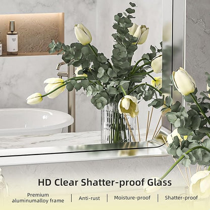 Hasipu Brushed Silver Bathroom Mirror 50x40 Inch Rounded Rectangle Vanity Mirror Metal Framed Wall Mirrors Anti-Rust Surface Mount (Horizontal/Vertical)