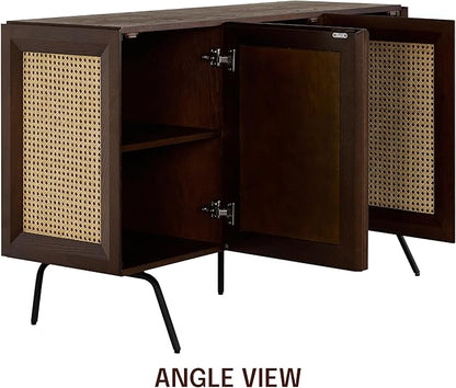 NTC MOSSIC Modern Sideboard with 3 Doors, Natural Rattan Storage Cabinet, Buffet with Metal Legs, Boho Accent Cabinet for Living Room, and Entryway, Effortless Assembly - Dark Walnut