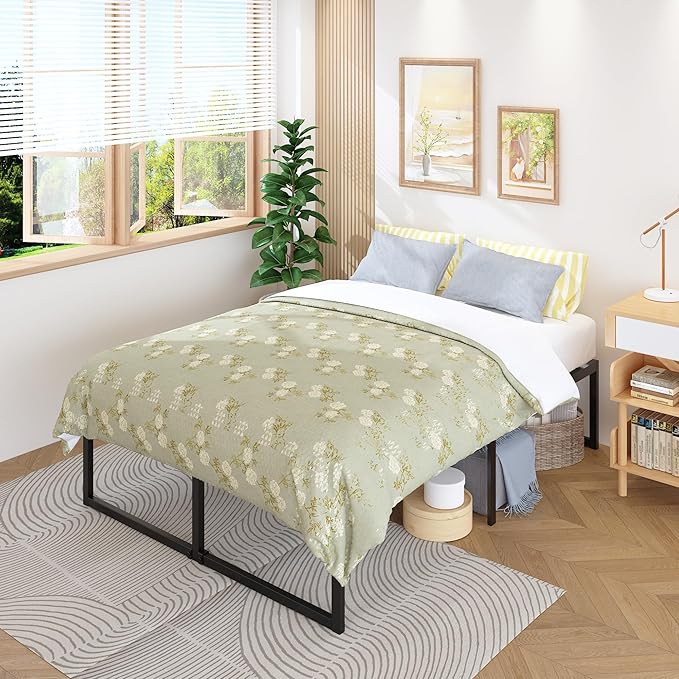 18 Inch Queen Bed Frame Heavy Duty Steel Slat Support Metal Queen Size Platform Bed Frame No Box Spring Needed, Easy Assembly, Black