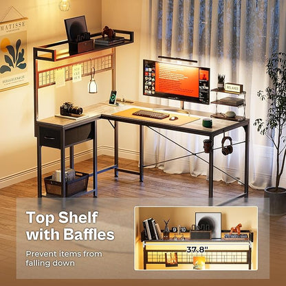 PRAISUN L Shaped Gaming Desk with Shelves, Corner Computer Table with LED Lights, Power Outlets and USB-C Ports, 50 Inch Reversible Home Office Desk with Storage Drawer, for Work and Study, Grey