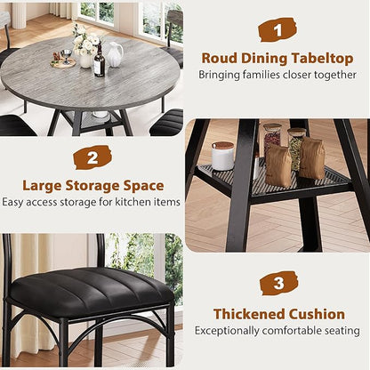 Round Dining Table Set for 4, Kitchen Table and Chairs for 4, Circle Table Round Pedestal Dining Room Dinner Dinette Table Set,5 Piece Space Saving Wood Kitchen & Dining Room Tables (Grey, 42In)