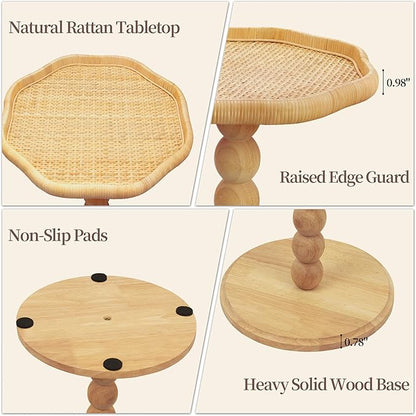 Drink Table, Boho Rattan Flower Small Side Table for Small Spaces, Solid Wood Modern Nightstand for Living Room, Bedroom, Farmhouse, Corners