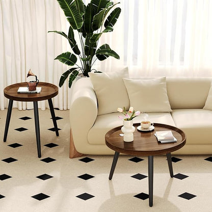 Small Round Coffee Table Set of 2, Walnut Coffee Tables for Living Room, Mid Century Modern Nesting Coffee Table, Wood Circle Center Tables, Black Wooden Side End Table, mesa de Centro para sala