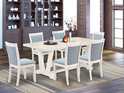 East West Furniture V027MZ015-7 7 Piece Dining Table Set Consist of a Rectangle Kitchen Table with V-Legs and 6 Baby Blue Linen Fabric Upholstered Chairs, 40x72 Inch, Multi-Color