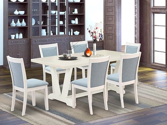 East West Furniture V027MZ015-7 7 Piece Dining Table Set Consist of a Rectangle Kitchen Table with V-Legs and 6 Baby Blue Linen Fabric Upholstered Chairs, 40x72 Inch, Multi-Color