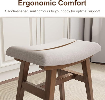 Solid Wood Small Vanity Stool, Compact Makeup Chair with Saddle Cushion, Linen-Covered High Rebound Sponge Seat, Easy Assembly Footstool for Bedroom, Entryway, Home, Walnut