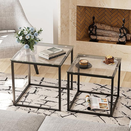VILAWLENCE Coffee Table Set of 2, Modern Black Glass Side Table, Metal Frame Square End Table, Center Tables,Nesting Coffee Table for Living Room,Bedroom and Small Spaces