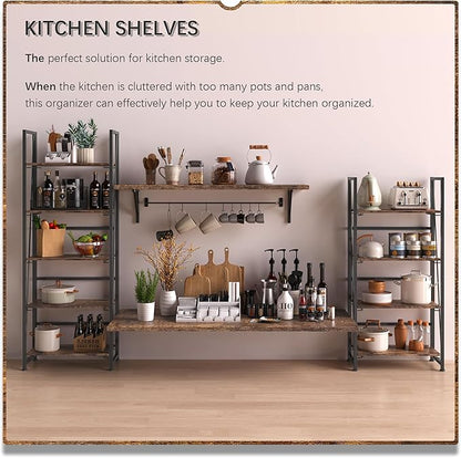 4NM No Assembly Folding Bookshelf, 5-Shelf 62.2" H Collapsible Foldable Bookcase Storage for Small Spaces, Rustic Brown and Black