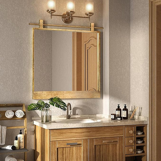 24x24 Inch Square Bathroom Vanity Mirror for Wall Mounted Over Sink Farmhouse Rustic Matte Brushed Gold Barn Door Mirrors Foyer Entryway Decor
