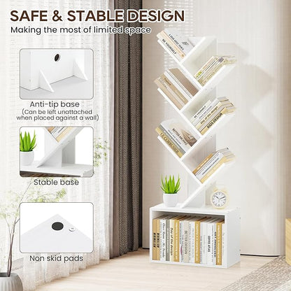 6 Tier Tree Bookshelf, Sturdy Retro Floor Standing Wood Bookcase, Storage Rack for Home Office, Living Room, Bedroom, Reading Spot, Heavy Book Organizer Shelves for CDs/DVDs/Movies, White