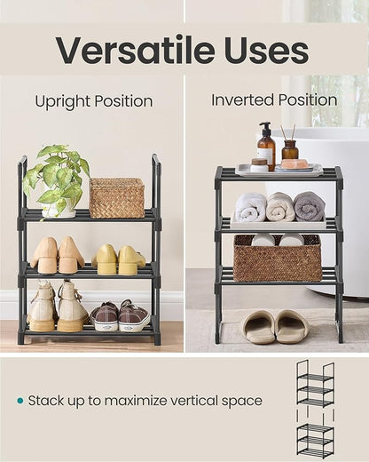 SONGMICS Shoe Rack, 3-Tier Shoe Organizer, Metal Storage Shelf, Upright or Upside Down, for 4-8 Pairs, Stackable, for Entryway, 11.8 x 16.7 x 21.5 Inches, Black ULSA003B01