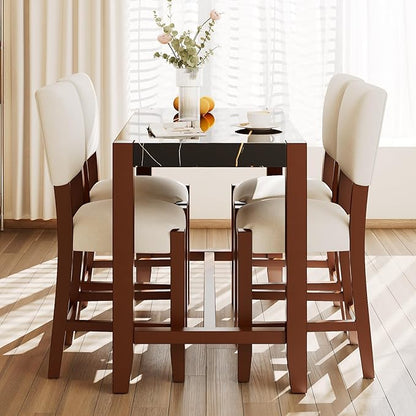 Ball & Cast 5-Piece Dining Table Set for 4,Kitchen Table Set W/Faux Marble Bar Table,Counter Height Living Room Furniture W/ 4 Upholstered Chairs,for Dining Room,Pub Kitchen,Small Place,Black+Beige