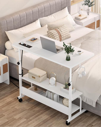 Armocity Height Adjustable Standing Desk with Power Outlets, 32" Manual Stand Up Desk with Storage Shelves Small Mobile Rolling Computer Desks Portable Laptop Table with Wheels for Home Office, White