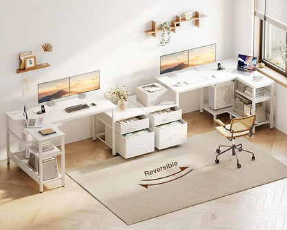Casaottima L Shaped Desk with Drawers & File Cabinet, Reversible White Computer Desk with Storage Shelves & CPU Stand, Corner Desk with Power Outlets, L Table for Home Office
