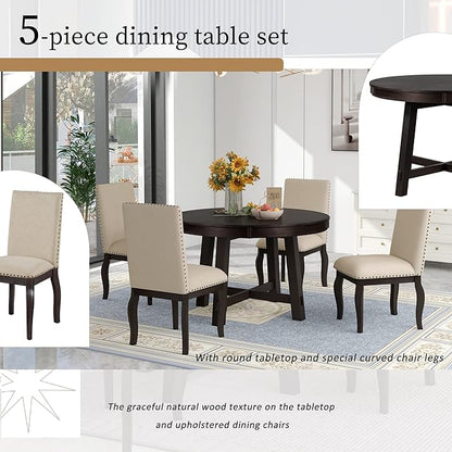 Ball & Cast 5 Piece Dining Table Set with 4 Upholstered Curved Legs Chairs,Living Room Furniture W/ 43" Round Extendable Desk,for Restaurant,Home Bistro,Espresso