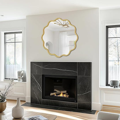 PROHOMEWARE Gold Round Mirror 28 Inch Wavy Bathroom Vanity Mirror Gold Frame Modern Wall Mirror Decorative Wall-Mounte Anti-Rust, Tempered Glass