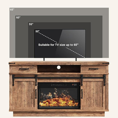 59'' Fireplace TV Stand with 3D Flame Electric Fireplace Heater, 34'' Tall Farmhouse TV Stand for 65 Inch TV, Entertainment Center TV Console with 2 Drawers, Sliding Barn Door for Living Room - Brown