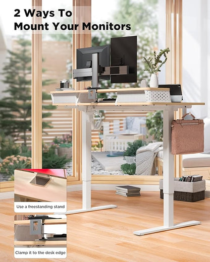 55x24 Inch Standing Desk with Double Drawers, C-Clamp Mount Compatible, Electric Adjustable Height Computer Stand Up Desks, Home Office Sit Stand Table with 3 Preset Heights & 2 Hooks, Natural