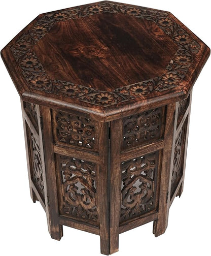 The Wooden Town End Tables for Living Room– Hand Carved Vintage Boho Folding Side Tables for Small Spaces, Entryway, Living Room, Bedroom – No Tools Assembly, 18"x18" Octagon, Scorch Burnt Finish