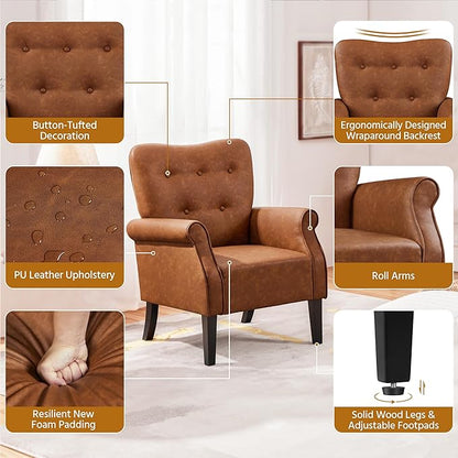 Yaheetech Modern Armchair, Mid Century PU Leather Accent Chair with Sturdy Wood Legs and High Back for Small Space, Upholstered Sofa Club Chair for Living Room/Bedroom/Office, Retro Brown