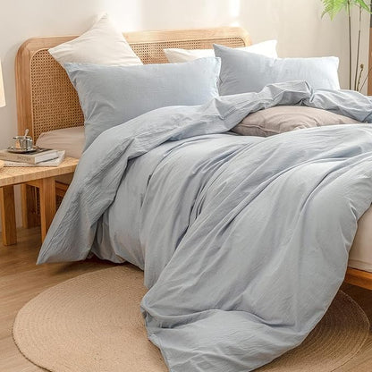 BESTOUCH Duvet Cover Set 100% Washed Cotton Linen Feel Super Soft Comfortable Chic Lightweight 3 PCs Home Bedding Set Solid Cornflower Blue Full/Double
