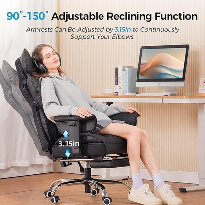 COMHOMA Big and Tall Office Chair 400LBS Wide Ergonomic Gaming Chair with Deluxe Embossing Designed Leather with Foot Rest,150°Reclining Adjustable Armrests Pocket Spring Back Support and Pillow