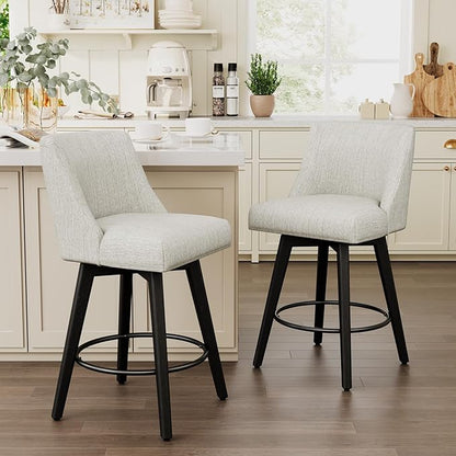 Vipbear Swivel Counter Height Bar Stools Set of 6,26.8" H Counter Stools with Back, Mid Century Modern Bar Stools for Kitchen Island,Linen Fabric,Wooden Base, White