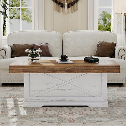Coffee Table 39 in Farmhouse Center Table with X-Design Wooden Pedestal for Living Room, Space Saving, Easy Assembly Rectangle Home Office Tea Accent Table for Apartment, Antique White Walnut