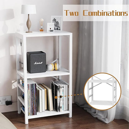 End Table with LED Light,Record Player Stand with Albums Storage,Vinyl Records Storage,Turntable Stand Side Table for Music Room Studio Living Room Bedroom-Rustic White