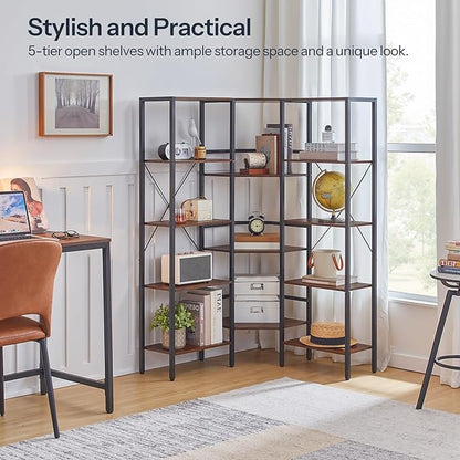HOOBRO Industrial Corner Bookshelf, 5-Tier L-Shaped Bookcase, Open Display Storage Rack, Floor Standing Storage Shelf, for Living Room, Bedroom, Home Office, Rustic Brown and Black BF68SJ01