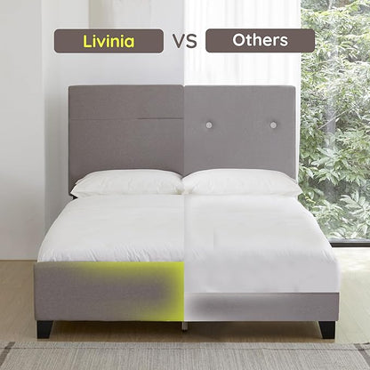 Livinia Amelia Twin Size Platform Bed, Fabric Upholstered Twin Bed Frame with Height Adjustable Headboard Footboard, Strong Wood Slats, No Box Spring Needed, Brown