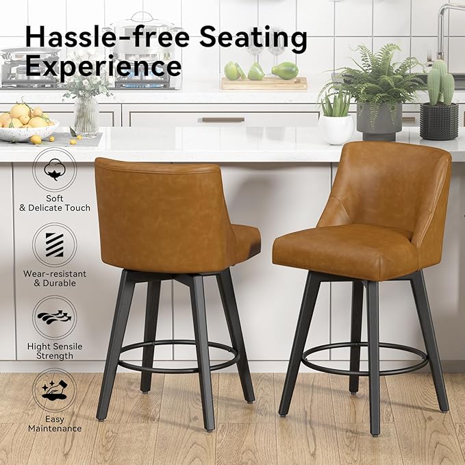 Counter Height Swivel Bar Stools Set of 2, 26 Inch Bar Stools with Footrest, Faux Leather Upholstered Barstools with Back and Solid Wood Legs for Kitchen Island, Dining Room,Pub,Brown