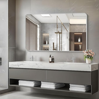 48x30 Inch Silver Bathroom Mirror, Metal Framed Silver Rectangle Mirrors, Rounded Rectangular Vanity Mirror, Wall Mounted Mirrors for Living Room Bedroom Entryway Hangs Horizontal or Vertical