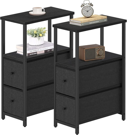 TUTOTAK Small Narrow End Table, Set of 2, Side Table, Nightstand with 2 Cloth Drawers, Couch Table, for Living Room, Bedroom, Bedside, Black TB01BK054