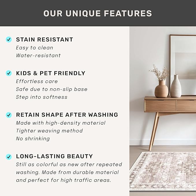 Boho 2x7 Long Runner, Neutral Farmhouse Bedside Rug, Small Throw Runners for Bedroom Hallway Bathroom Kitchen, Vintage Floral Decor & Non-Slip Low-Pile Washable Stain Resistant Beige Latte Rug